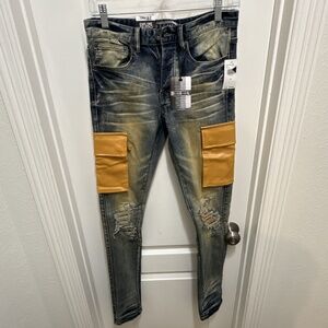 Decibel Mens Distressed Ripped Cargo Pants Blue 28WX33L NWT's